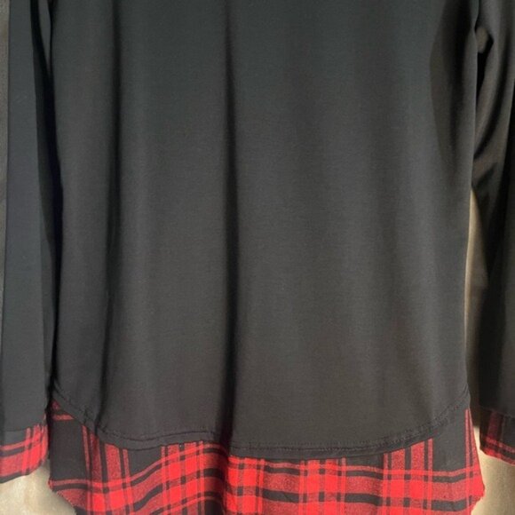 Black Long Sleeve Tunic Top Red Buffalo Plaid Cuff Hemline Round Neckline Large - Picture 7 of 10